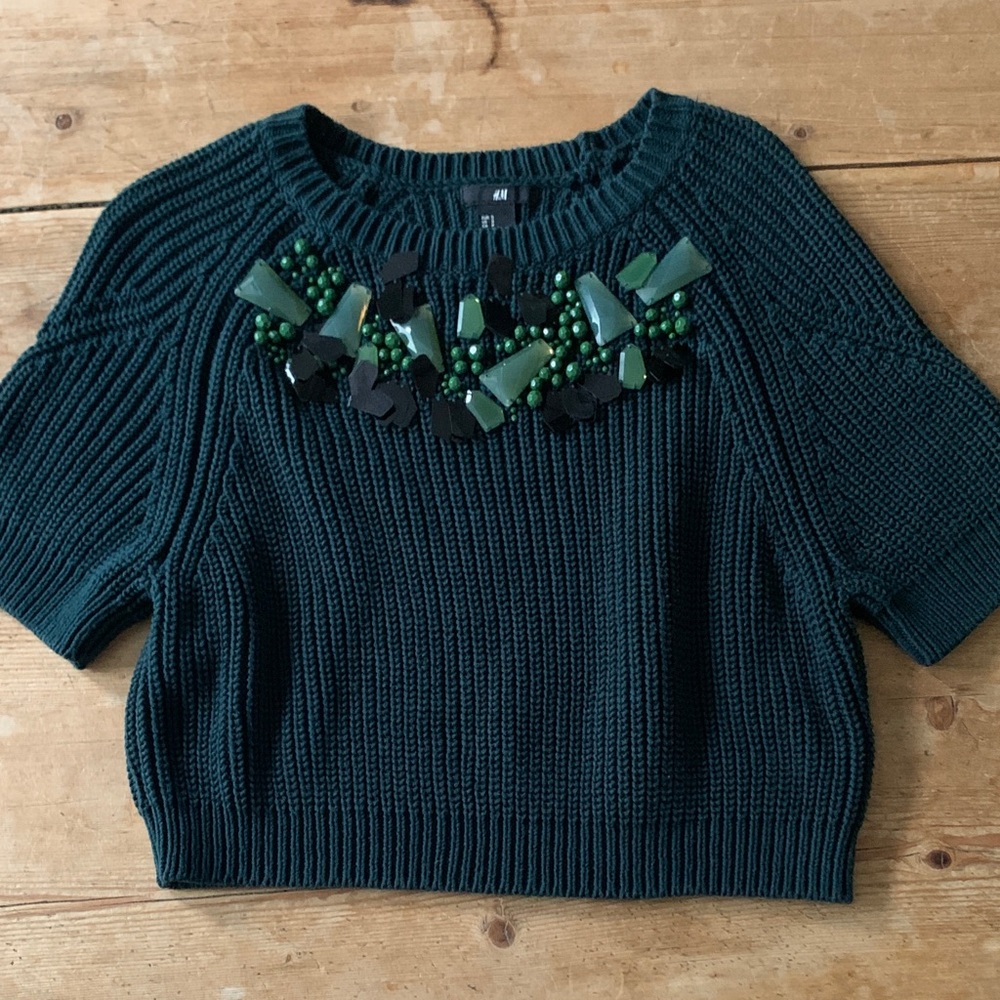 NWOT Dark Green Raglan Crew  Cropped Shaker Knit Sweater with Embellishments